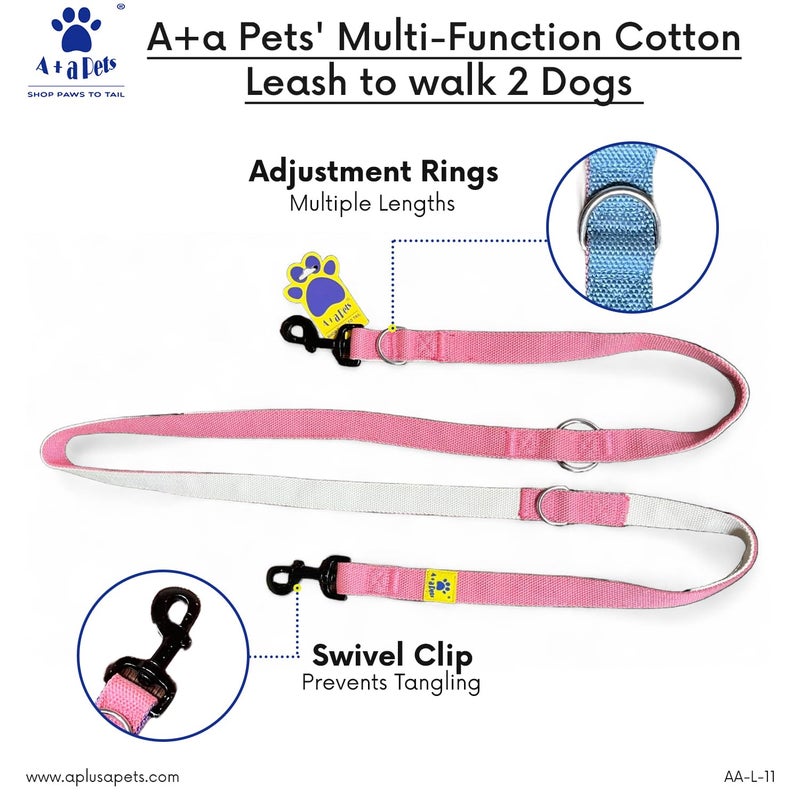 A+a Pets طوق قطن متعدد الوظائف للمشي مع 2 كلب | طويل، قصير، بدون استخدام اليدين، حركة مرور، جري، مشي | قابل للتعديل، ناعم ومريح (وردي وأبيض) - Image 2