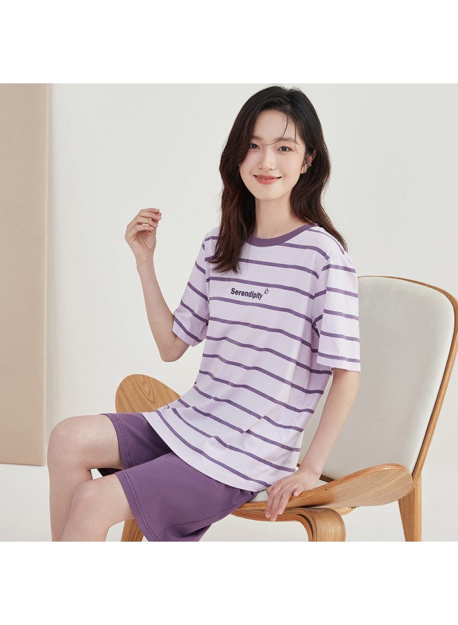 Top melon Couple Striped Pajamas 100% Cotton】women's Fresh Striped Pajamas, Summer Pure Cotton, Wearable Outside - Image 2