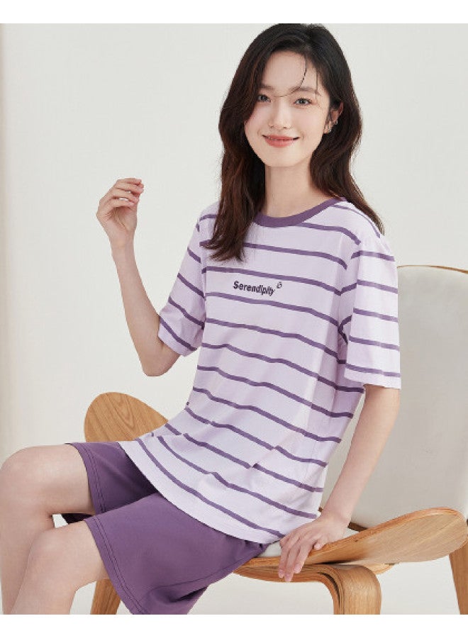 Top melon Couple Striped Pajamas 100% Cotton】women's Fresh Striped Pajamas, Summer Pure Cotton, Wearable Outside - Image 1