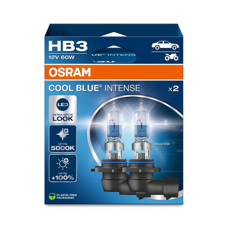 OSRAM COOL BLUE INTENSE HB3 100 more brightness up to 5000K halogen headlight lamp LED look Hanging folding box 2 lamps