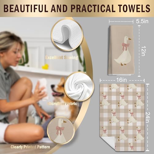 LUKIPOM Light Coquette Bow Plaid Goose Kitchen Towels Set of 2, Neutral Beige Checkered Dish Tea Towels for Kitchen Decor, Cute Goose Animal Hand Towels for Bathroom Decor, 16x24 Inches - Image 2