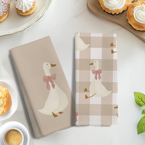 LUKIPOM Light Coquette Bow Plaid Goose Kitchen Towels Set of 2, Neutral Beige Checkered Dish Tea Towels for Kitchen Decor, Cute Goose Animal Hand Towels for Bathroom Decor, 16x24 Inches - Image 5