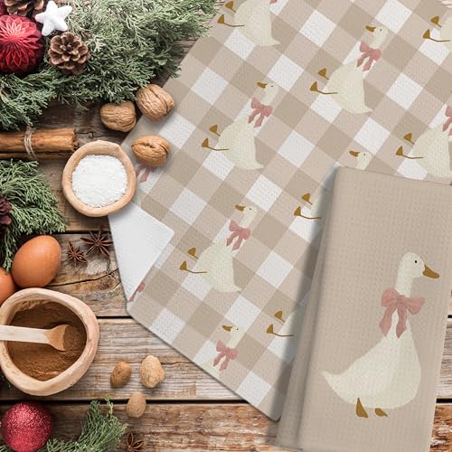 LUKIPOM Light Coquette Bow Plaid Goose Kitchen Towels Set of 2, Neutral Beige Checkered Dish Tea Towels for Kitchen Decor, Cute Goose Animal Hand Towels for Bathroom Decor, 16x24 Inches - Image 4