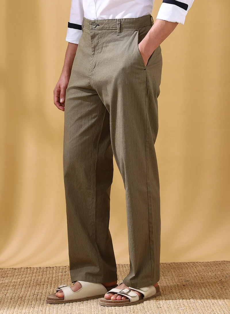 دينيس لينغو Men's Olive Cotton Blend Striped Full Length Casual Straight Trouser