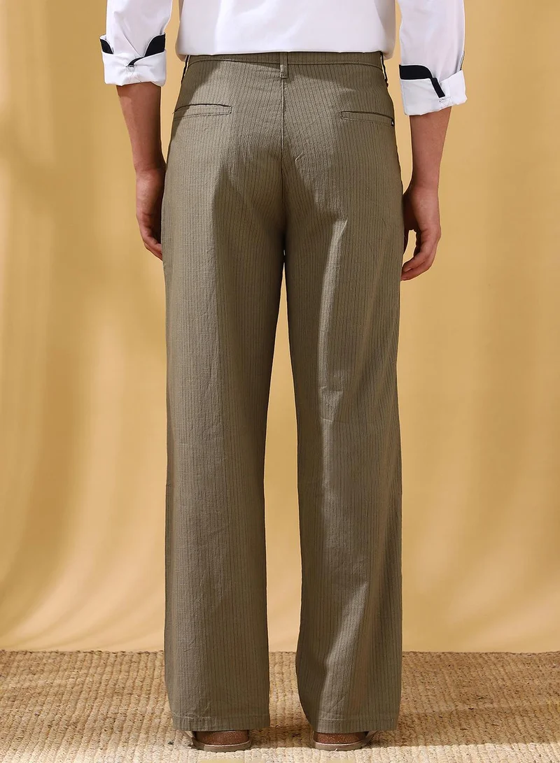 دينيس لينغو Men's Olive Cotton Blend Striped Full Length Casual Straight Trouser