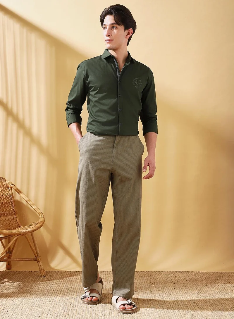 دينيس لينغو Men's Olive Cotton Blend Striped Full Length Casual Straight Trouser