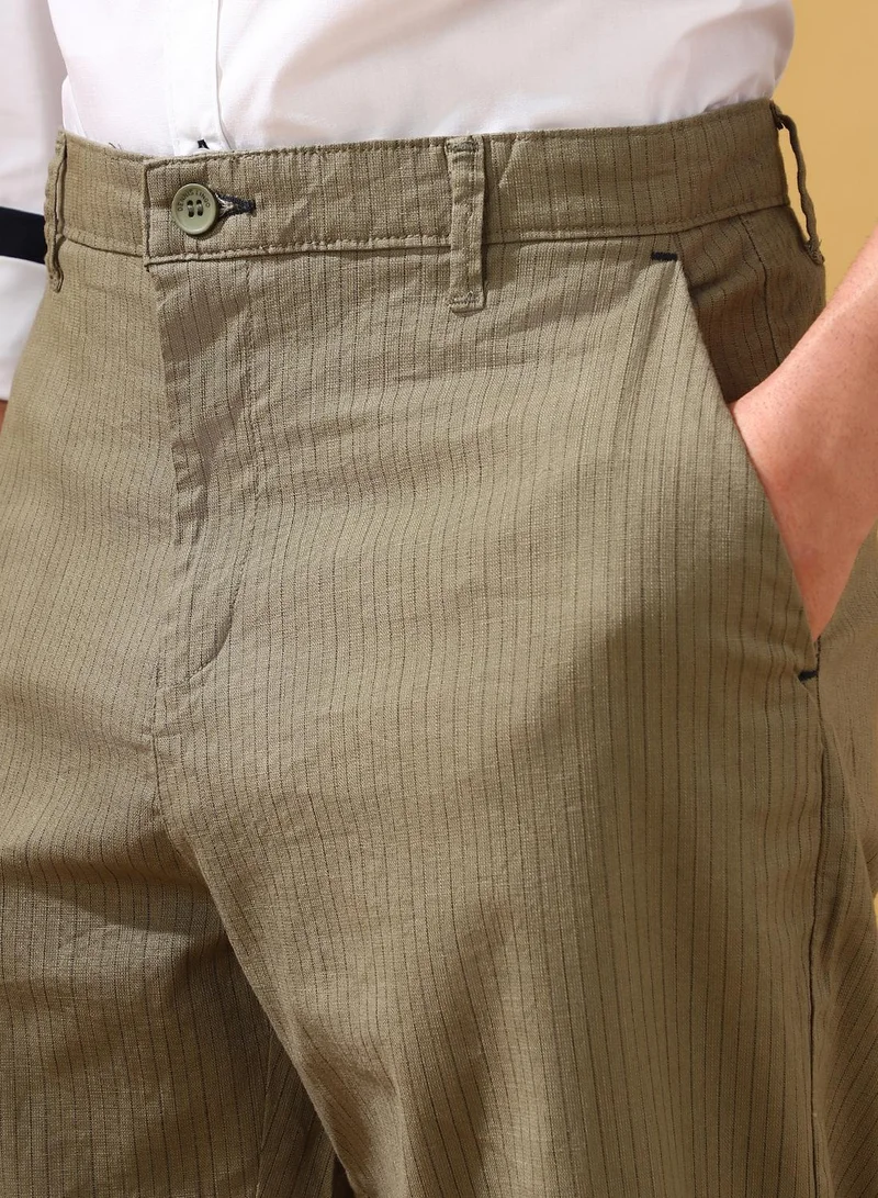 دينيس لينغو Men's Olive Cotton Blend Striped Full Length Casual Straight Trouser