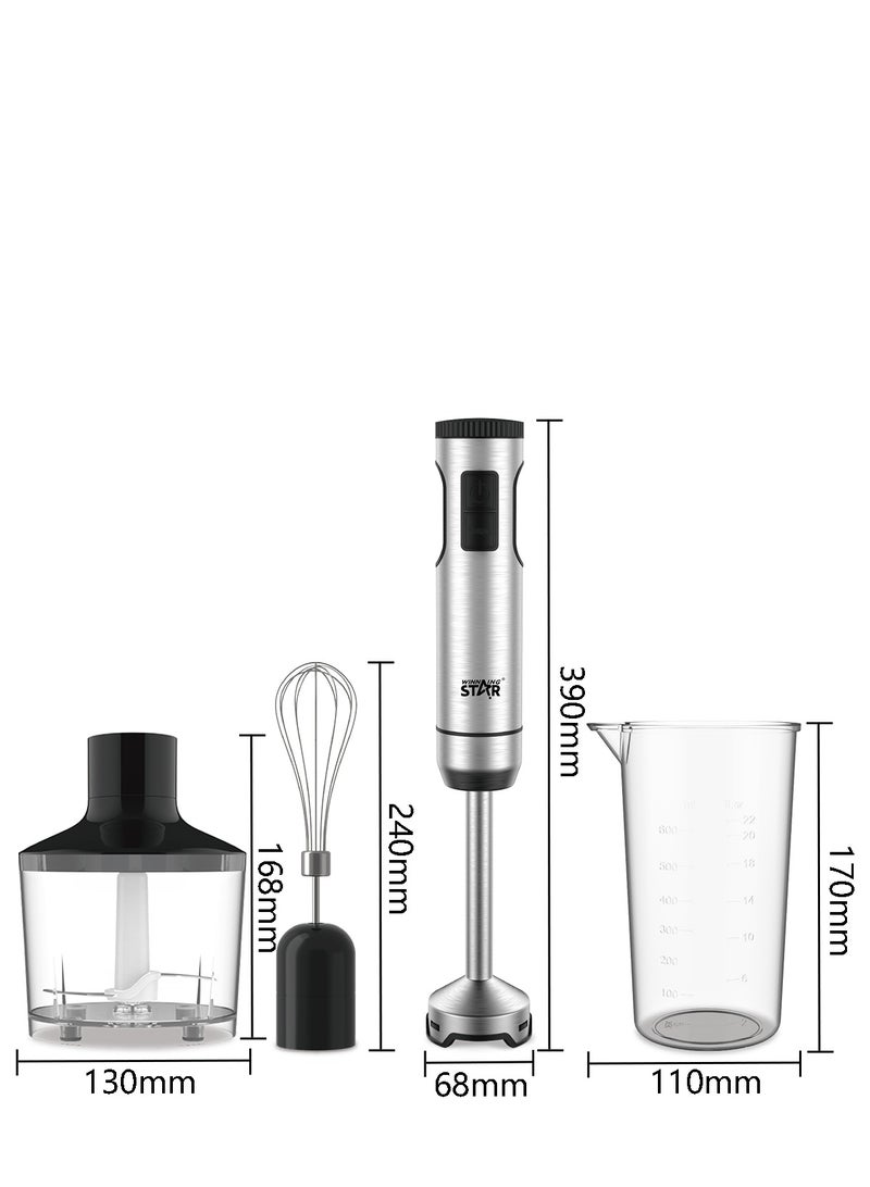 Winning Star Hand Blender – 4-in-1 (Blending, Grinding, Whisking, Mashing) – Stainless Steel Blades – 2 Speeds – 1000W – Silver – ST-6500 - Image 1