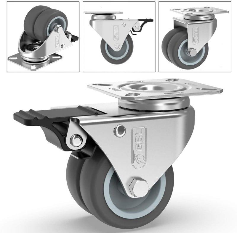 GBL 2 inch Casters Set of 4 Heavy Duty with 2 Locking Brakes + Screws - Up to 880Lbs - Swivel Caster Wheels - No Floor Marks Silent Plate Casters - Silver Castor - Image 4
