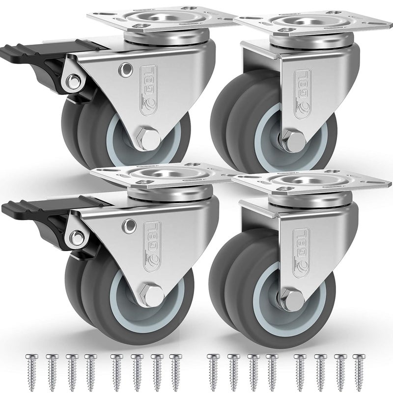 GBL 2 inch Casters Set of 4 Heavy Duty with 2 Locking Brakes + Screws - Up to 880Lbs - Swivel Caster Wheels - No Floor Marks Silent Plate Casters - Silver Castor - Image 1