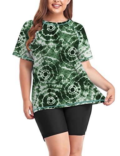 Inno Women's Plus Size 2 Piece Rash Guard Swimsuits Short Sleeve with Boyshorts UPF 50+ Surfing Swimwear, Ombre Green, 2X - Image 2