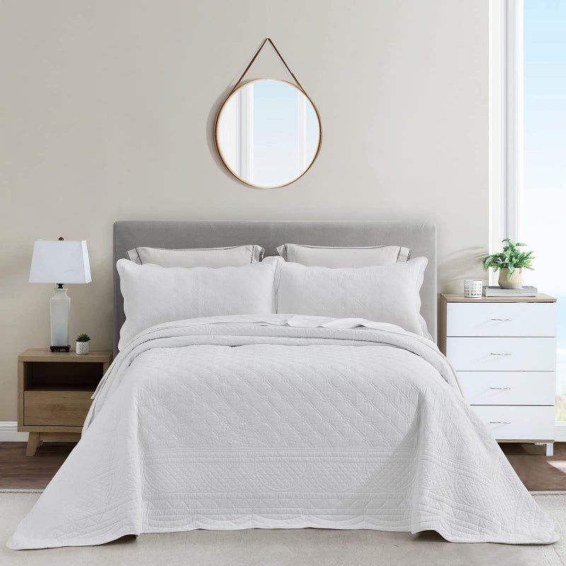 CHIXIN Oversized Cotton Bedspread King Size  Real Stitching  Luxury Quilted Bedding Cover for All Season Reversible Ultra Soft Lightweight 3 Piece Pure White