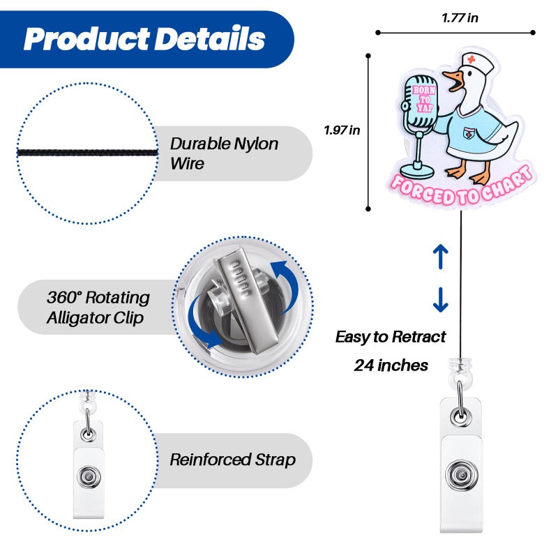 BEZTN Born To Yap Funny Goose Badge Reel  Cute Retractable Id Card Medical Badge Holder  Name Tag Work Badge Clip For Rn Lpn Cna Ma Er Night Shift Nurse Nursing Student Doctor  Nurse Gifts - Image 4
