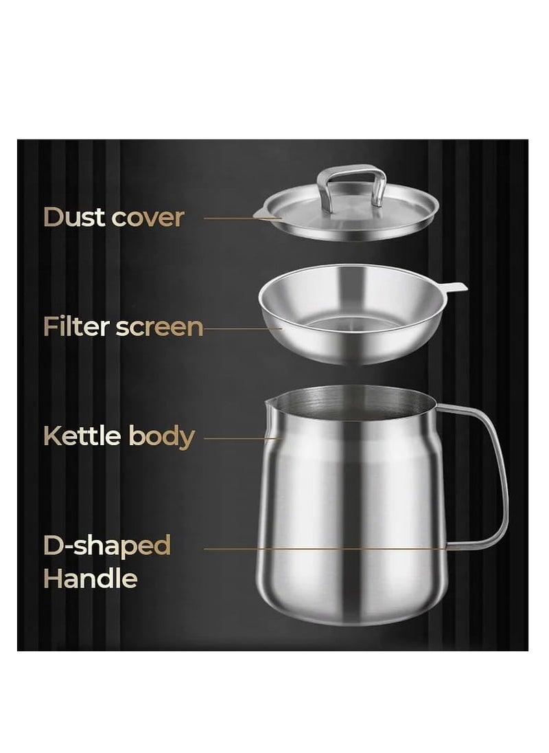 SYOSI - Stainless Steel Oil Filter Pot, 50oz Grease Container with Fine Mesh Strainer, 304 Stainless Steel, Large Capacity, Versatile Oil Filter Vessel, Multi-Function Frying Net Tank for Kitchen/Camping - Image 1