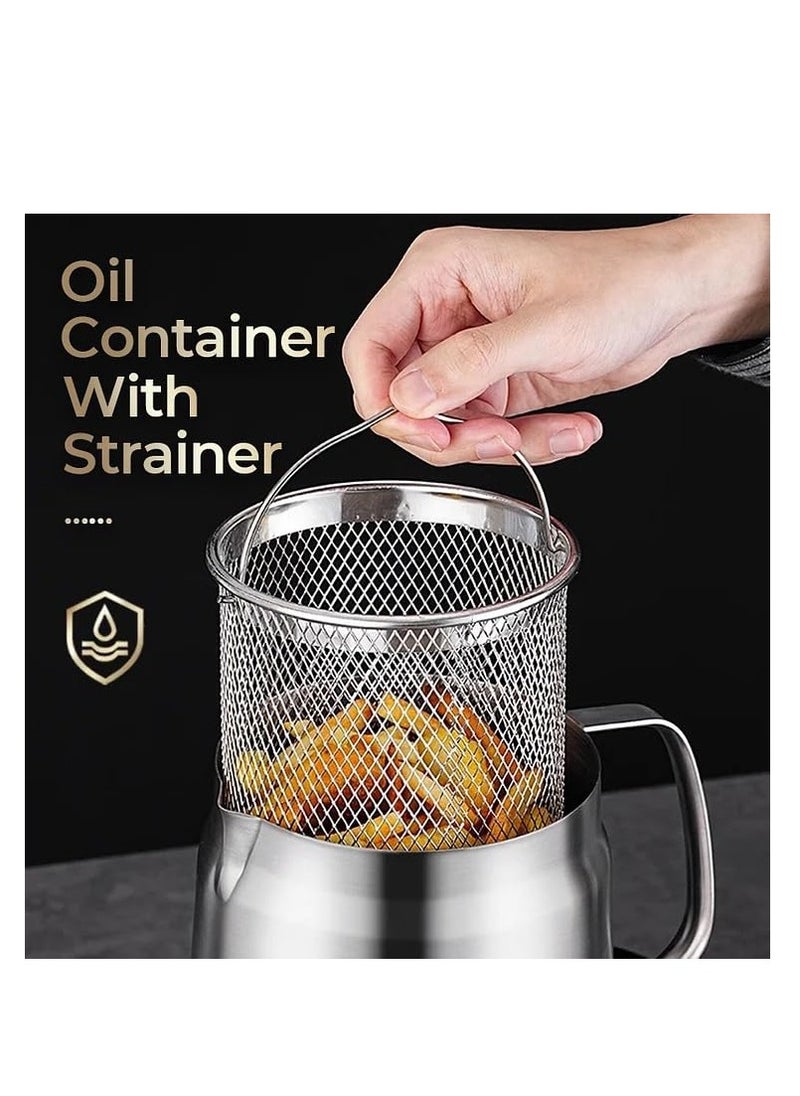 SYOSI - Stainless Steel Oil Filter Pot, 50oz Grease Container with Fine Mesh Strainer, 304 Stainless Steel, Large Capacity, Versatile Oil Filter Vessel, Multi-Function Frying Net Tank for Kitchen/Camping - Image 1