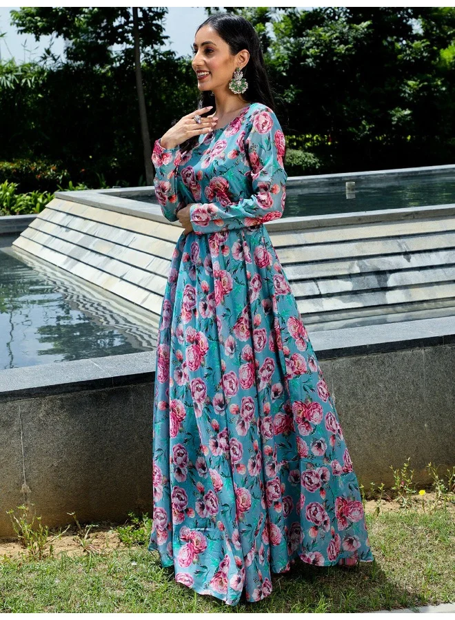 AKS Blue & Pink Floral Printed Flared Maxi With Mirror Work Belt