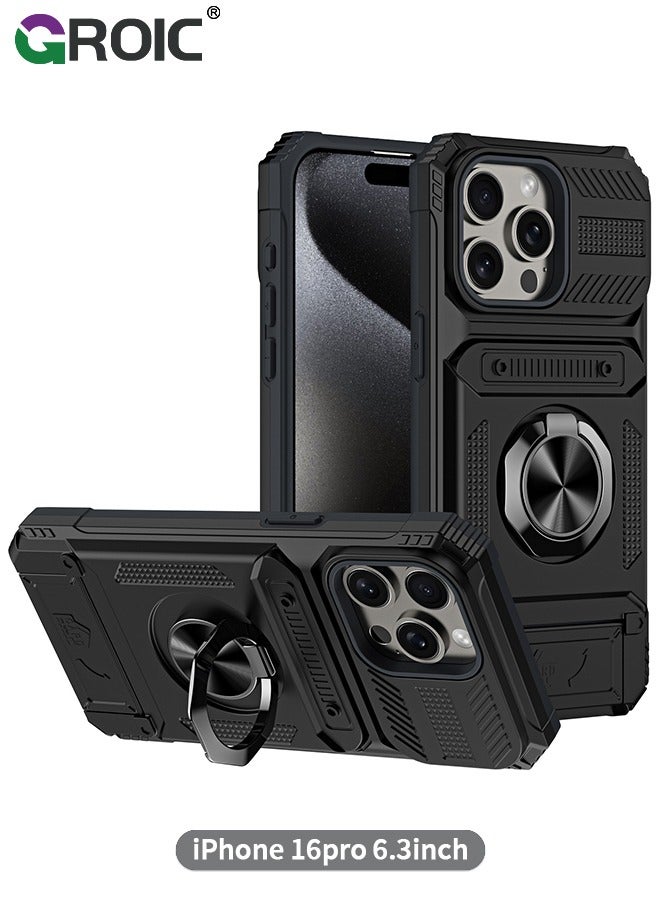 GROIC Mobile Phone Bags Full Protective Case for iPhone 16 Pro, Heavy Duty Hybrid Shockproof with 360° Rotatable Kickstand TPU Bumper Drop Bags - Black - Image 1