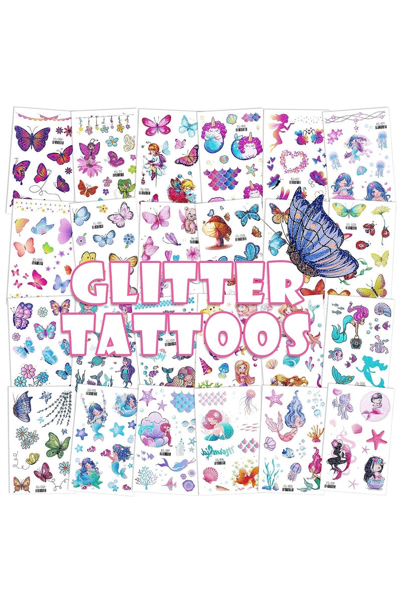 ORAINBOW 24 Sheets Glitter Temporary Tattoo for Girls Butterfly Mermaid Fairy Flowers Tattoo Stickers for Kids Waterproof Fake Tattoos for Birthday Party Favors Goodie Bags Stuffers Party Fillers - Image 1