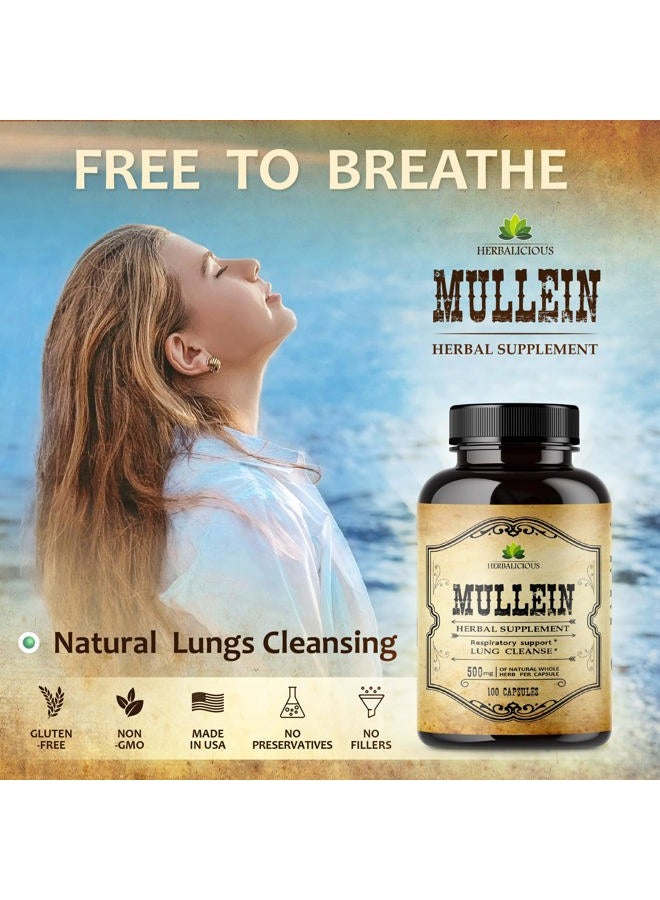 HERBALICIOUS Mullein Leaf Capsules - Verbascum Thapsus Supplement - Herbal Extract Promoting Lung Respiratory & Digestive Wellness - Lung Cleanse & Detox Support Pills - Vegan Non-GMO, 100 Capsules  - Image 2