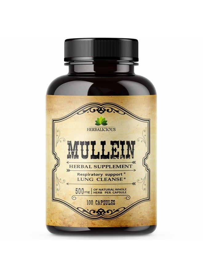 HERBALICIOUS Mullein Leaf Capsules - Verbascum Thapsus Supplement - Herbal Extract Promoting Lung Respiratory & Digestive Wellness - Lung Cleanse & Detox Support Pills - Vegan Non-GMO, 100 Capsules  - Image 1