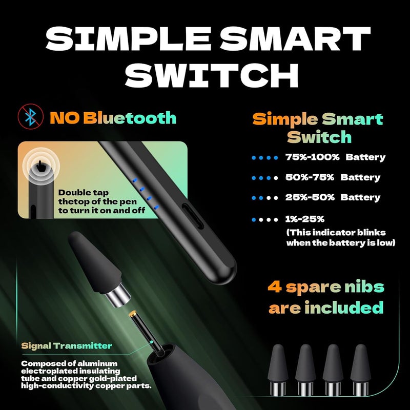 CMARS Stylus Pens for Touch Screens, Tablet Pen Android for Samsung/iPhone/Lenovo/Huawei/and Other Android Smartphones and Tablets, Magnetic Pen Rechargeable Tablet Writing Pen Black - Image 3