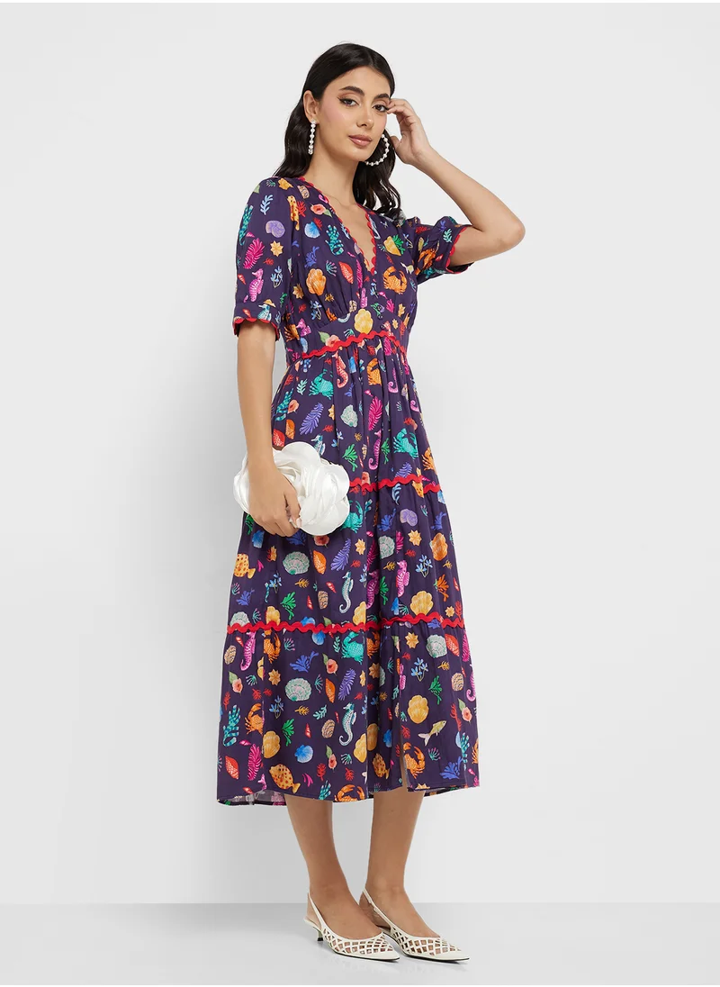 Hope & Ivy Puff Sleeve Tiered Skirt Midi Tea Dress With Contr