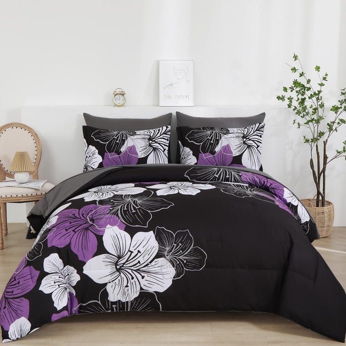 FLORAL COMFORTER SET KING SIZE 7 PIECES BED IN A BAG PURPLE FLORAL COMFORTER AND SHEET SET SOFT MICROFIBER COMPLETE BEDDING SETS FOR ALL SEASONS