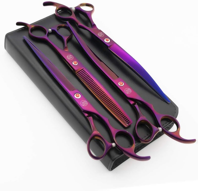 Moontay Professional 8.0" Dog Grooming Scissors Set, 4-pieces Straight, Upward Curved, Downward Curved, Thinning/Blending Shears for Dog, Cat and Pets, JP Stainless Steel, Purple - Image 1