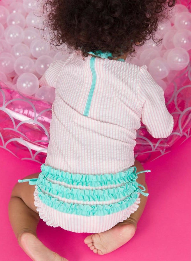 RuffleButts Pink Seersucker Long Sleeve One Piece Rash Guard - 3T - Image 4