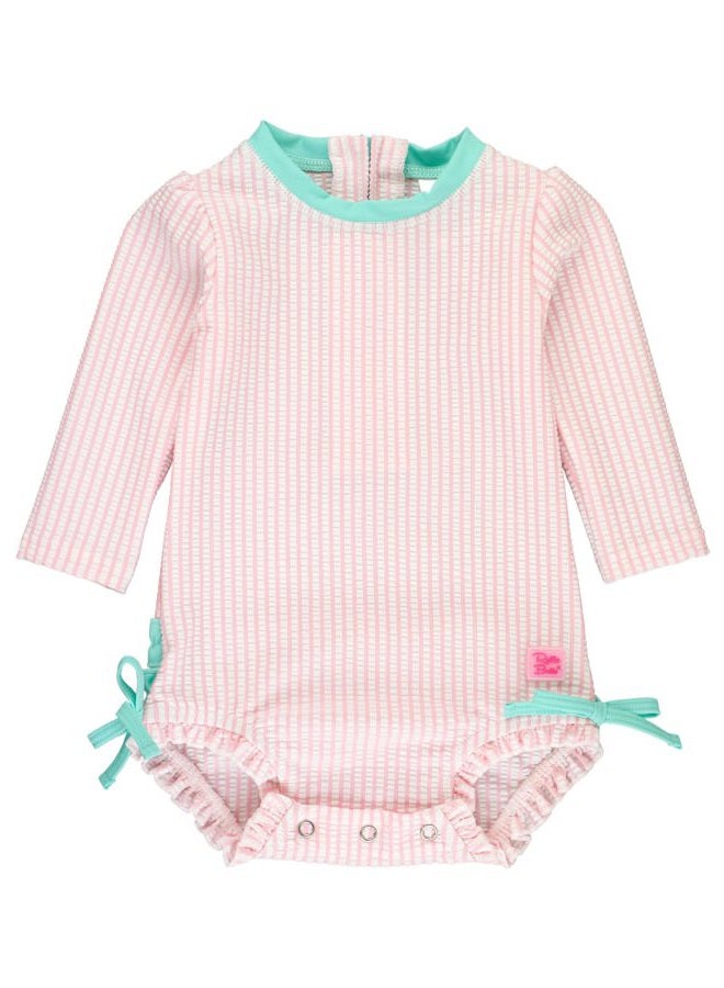 RuffleButts Pink Seersucker Long Sleeve One Piece Rash Guard - 3T - Image 1
