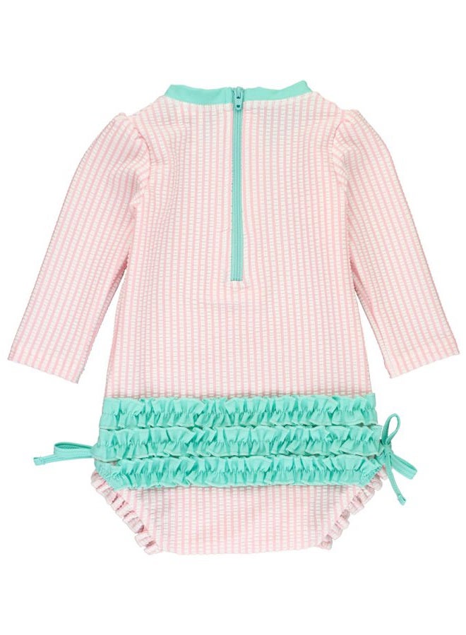 RuffleButts Pink Seersucker Long Sleeve One Piece Rash Guard - 3T - Image 2