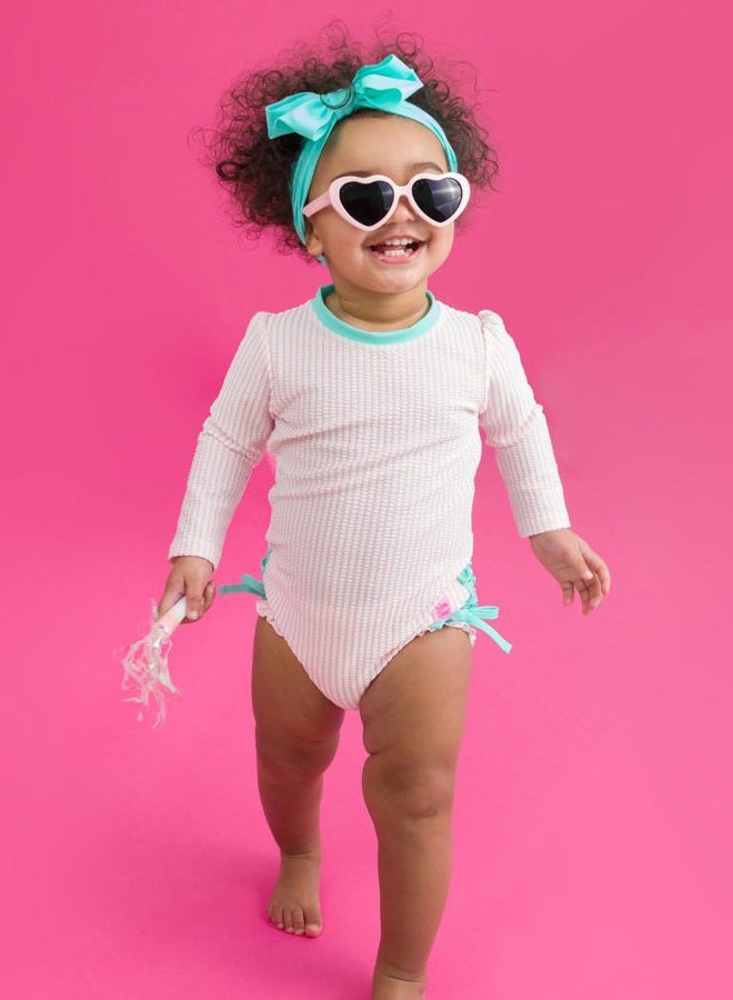 RuffleButts Pink Seersucker Long Sleeve One Piece Rash Guard - 3T - Image 3