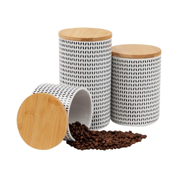 3PIECE CANISTER SET SUGAR CONTAINER COFFEE STORAGE LIDS KITCHEN CERAMIC 4L X 4W X 7H BLACK AND WHITE