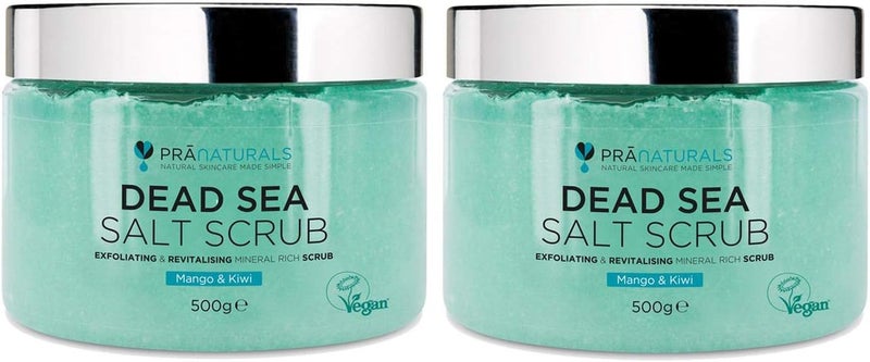 PraNaturals Dead Sea Salt Scrub 100 Nourishing Exfoliating Mineral Rich Smooths Brightens Moisturizes Skin Enriched with Mango Kiwi Scent 2x 500g