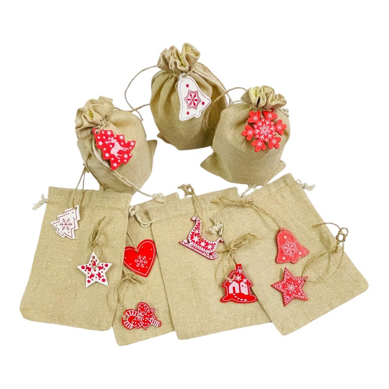KRIWIN (7X 5 inch) Burlap Drawstring Pouches with Red and White Christmas Ornaments, Jute (12) - Image 1