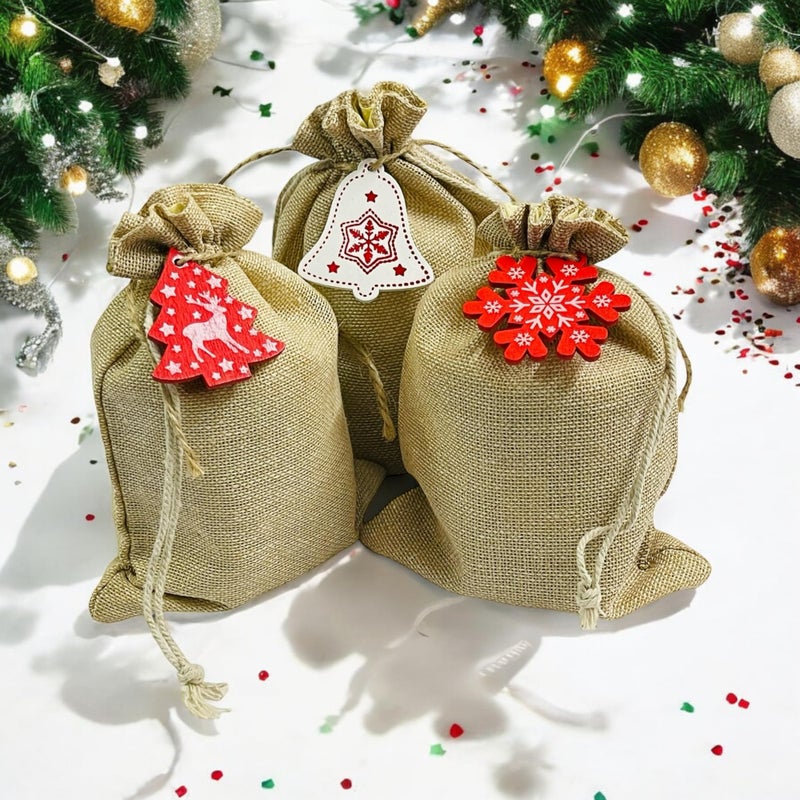 KRIWIN (7X 5 inch) Burlap Drawstring Pouches with Red and White Christmas Ornaments, Jute (12) - Image 4