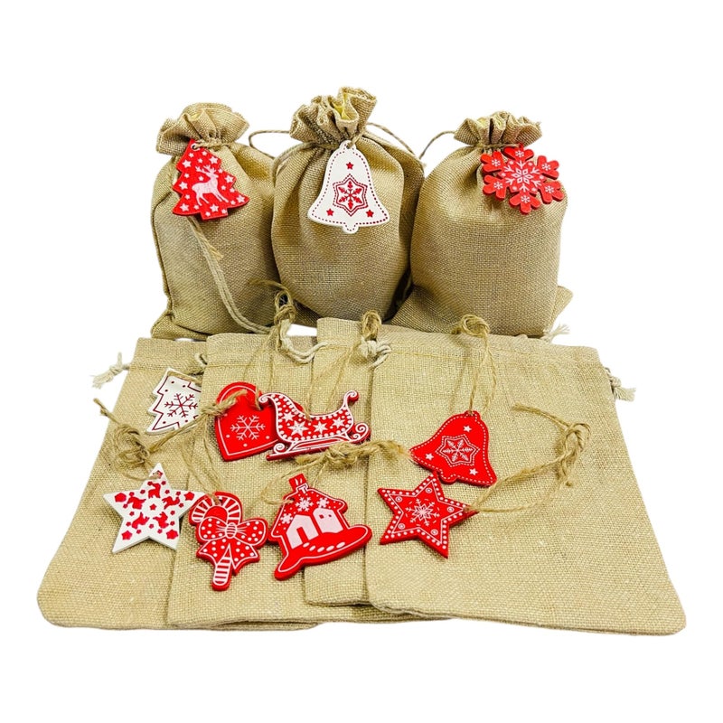 KRIWIN (7X 5 inch) Burlap Drawstring Pouches with Red and White Christmas Ornaments, Jute (12) - Image 2