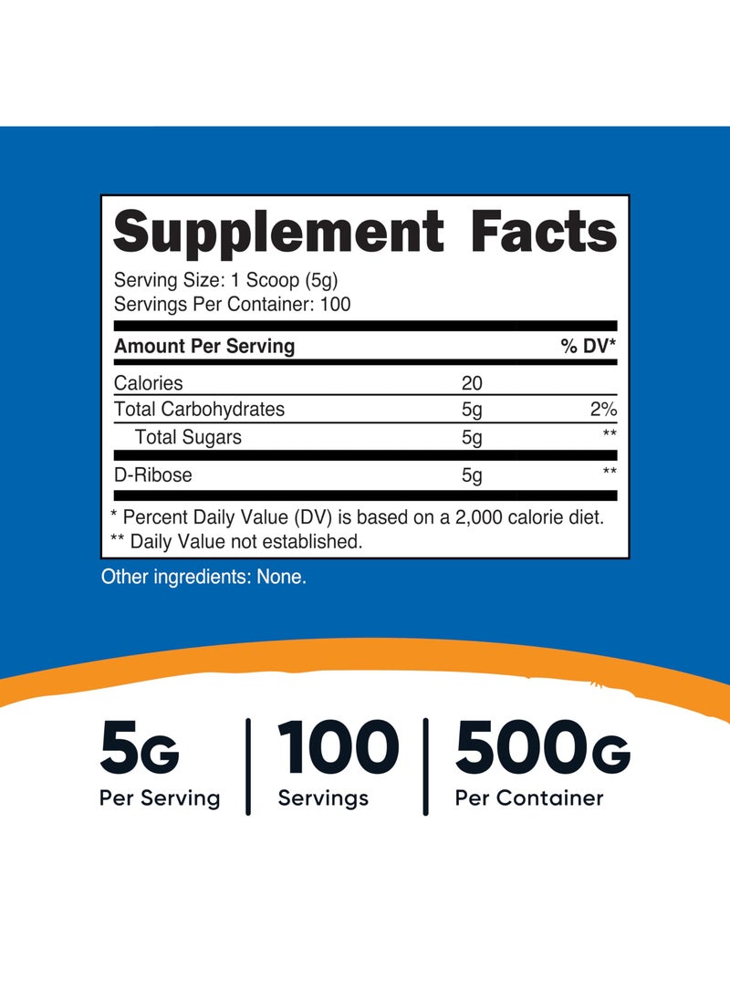 Nutricost - D-Ribose 5G Per Serving, 100 Servings, 500 G Per Container, Unflavored, Net Wt. 17.9 Oz (1.1 LB) (500 G) Dietary Supplement - Image 1