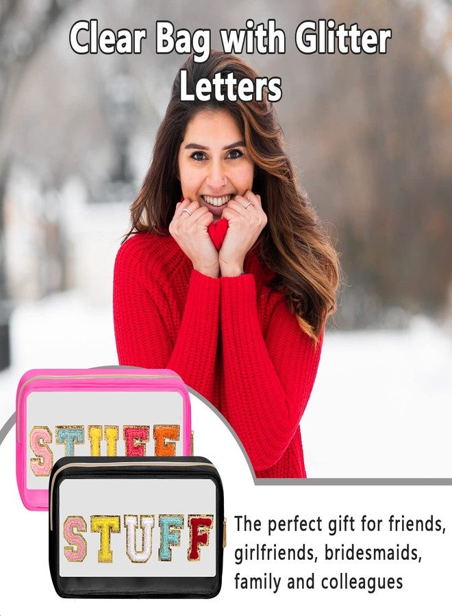 Iqimott Preppy Patch Clear Makeup Stuff Bag, Women Chenille Letter Cosmetic Bag for Travel, Nylon Waterproof Organization Outdoor Zipper Pouch Toiletry Bag for Women Girls(Black) - Image 5