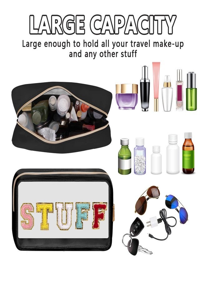 Iqimott Preppy Patch Clear Makeup Stuff Bag, Women Chenille Letter Cosmetic Bag for Travel, Nylon Waterproof Organization Outdoor Zipper Pouch Toiletry Bag for Women Girls(Black) - Image 4