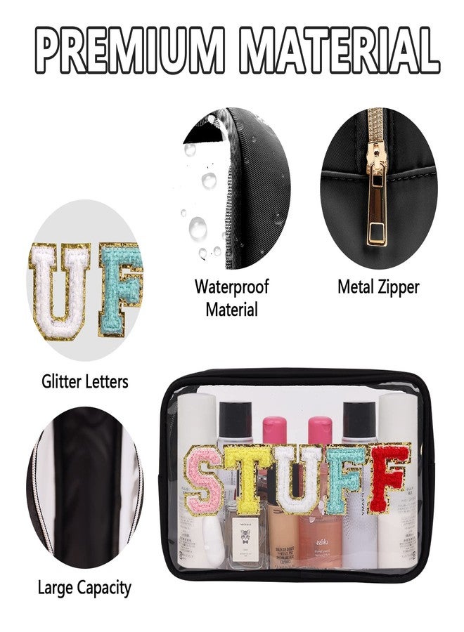 Iqimott Preppy Patch Clear Makeup Stuff Bag, Women Chenille Letter Cosmetic Bag for Travel, Nylon Waterproof Organization Outdoor Zipper Pouch Toiletry Bag for Women Girls(Black) - Image 3