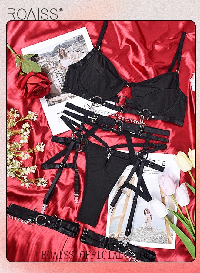 roaiss Stitching Teddy Lingerie Set for Women Bralette and Panty Underwear Sets with Garter Belt Ladies Padded Spaghetti Strap Bodysuit  - Image 1