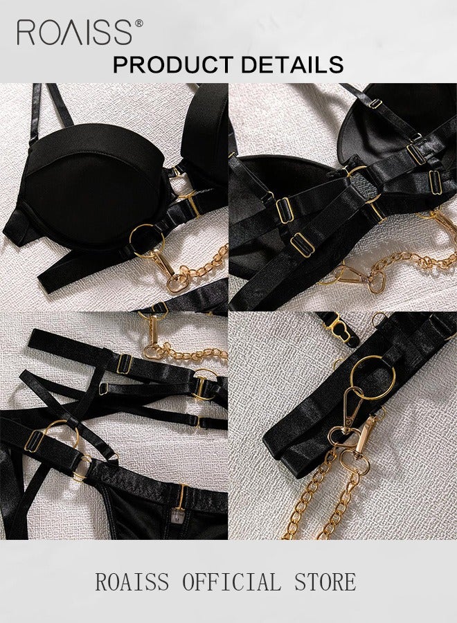 roaiss Stitching Teddy Lingerie Set for Women Bralette and Panty Underwear Sets with Garter Belt Ladies Padded Spaghetti Strap Bodysuit  - Image 3