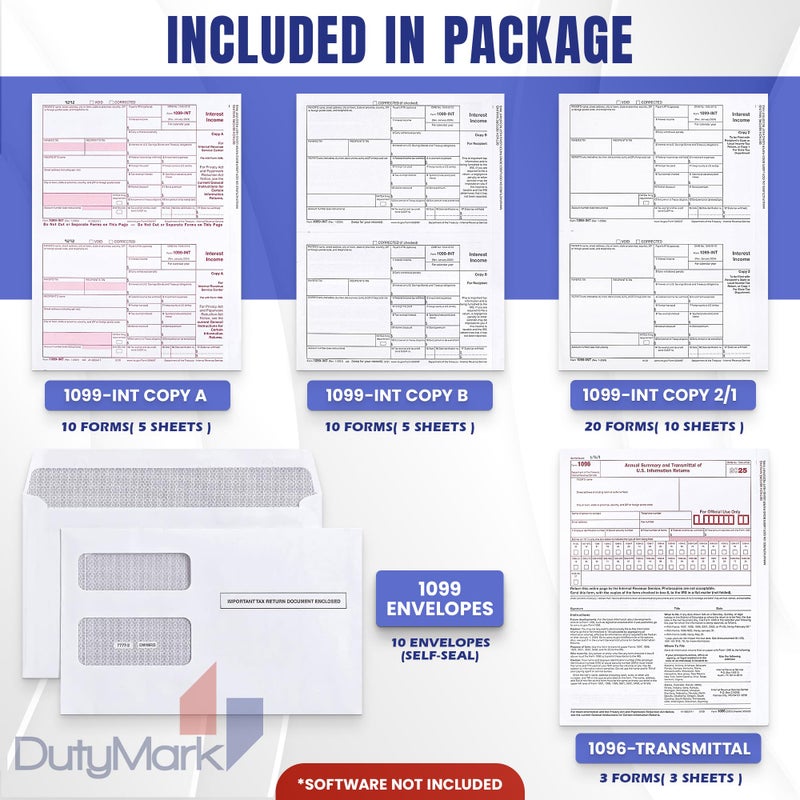 Dutymark 1099 INT Interest Tax Forms Set 4 Part 10 Pack for 2025 And Self-Seal envelopes. Kit For 10 Vendors, Laser Forms Designed for QuickBooks and Accounting Software - Image 2