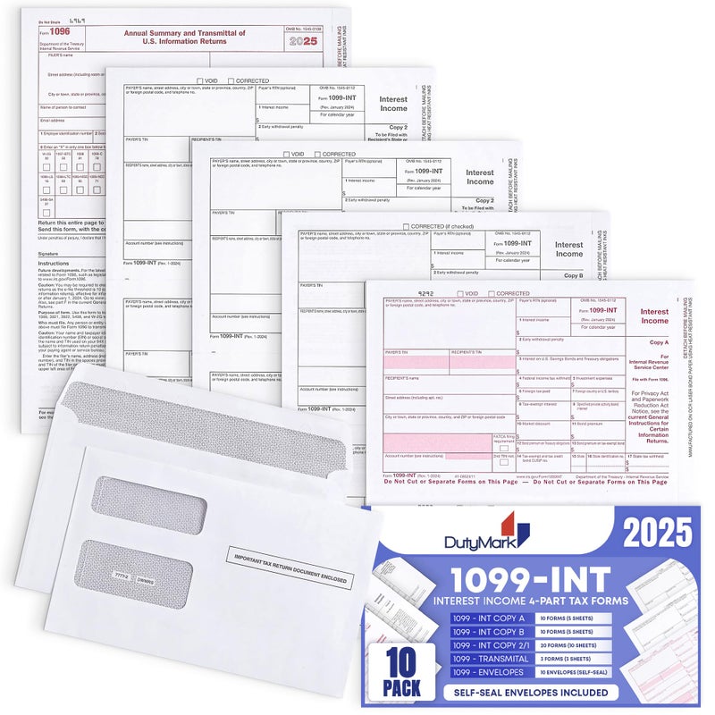 Dutymark 1099 INT Interest Tax Forms Set 4 Part 10 Pack for 2025 And Self-Seal envelopes. Kit For 10 Vendors, Laser Forms Designed for QuickBooks and Accounting Software - Image 1