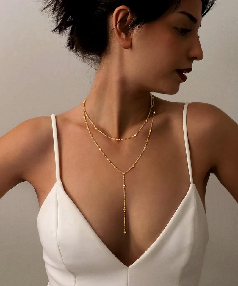 Hergory Gold Necklace for Women Trendy, Dainty Long Necklaces 14k Gold Plated Layered Beaded Y-Shaped Drop Chain Lariat Necklaces Simple Gold Jewelry Gifts - Image 4