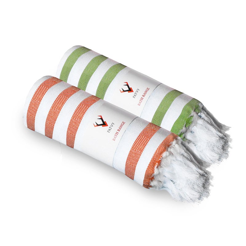 PATVY Bath Towels| Light Weight Turkish Style Stripe Bath Towels For Men Large Size Cotton|70 X 150Cm Quick Absorption &Faster Drying Bath Towel For Women| 140 Tc Cotton (Pack Of 2,Green & Orange) - Image 1
