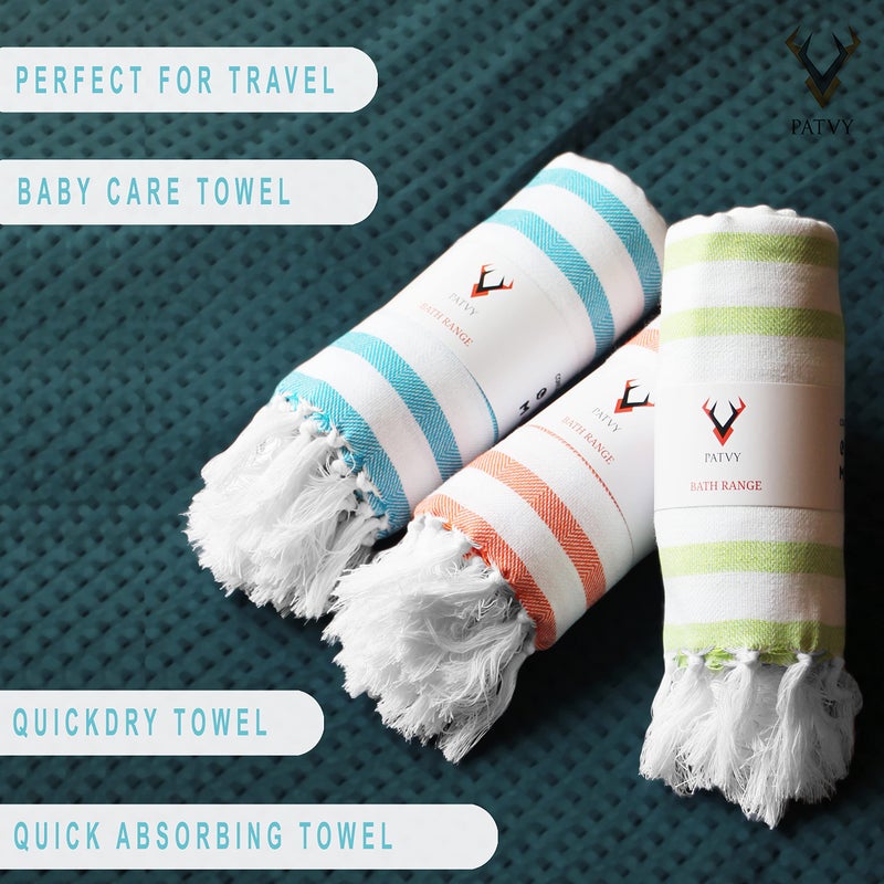 PATVY Bath Towels| Light Weight Turkish Style Stripe Bath Towels For Men Large Size Cotton|70 X 150Cm Quick Absorption &Faster Drying Bath Towel For Women| 140 Tc Cotton (Pack Of 2,Green & Orange) - Image 3