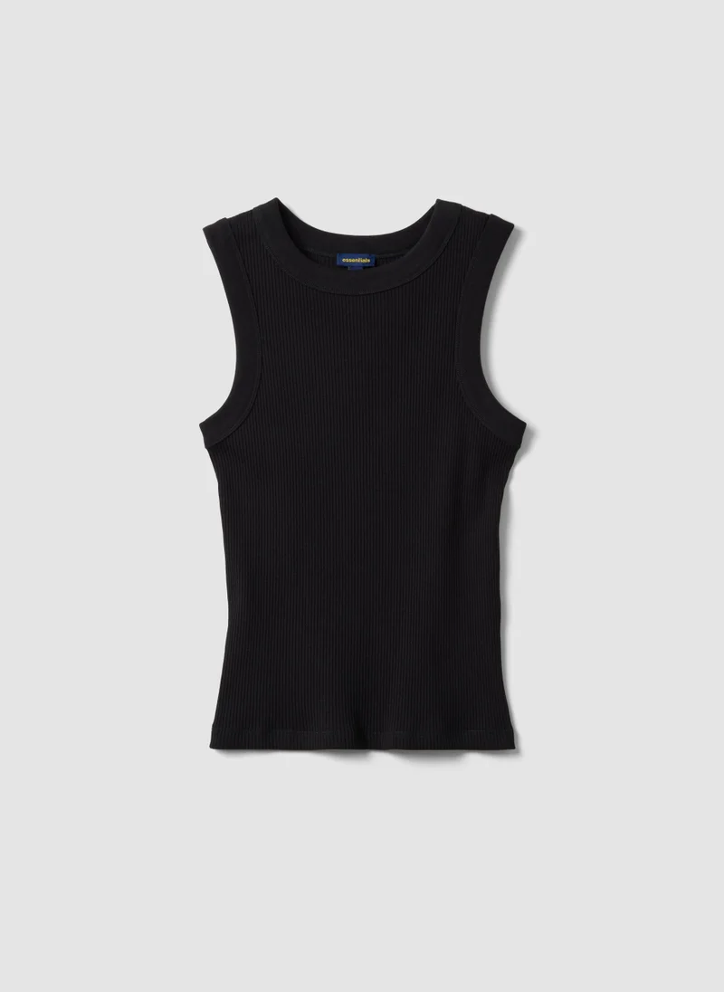 او في اس OVS Black Fitted Ribbed Stretch Cotton Tank Top