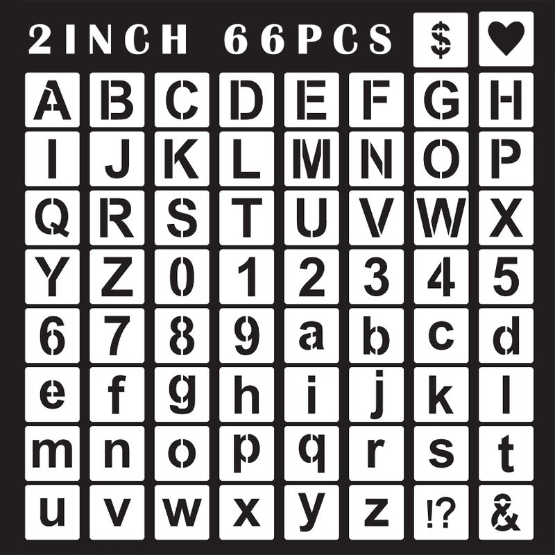 Alphabet Letter Stencils 2inch 66 Pcs Reusable Plastic Letter Number Templates Art Craft Stencils for Painting on Wood Wall Glass Fabric Rock Canvas Chalkboard Signage DIY Art Projects